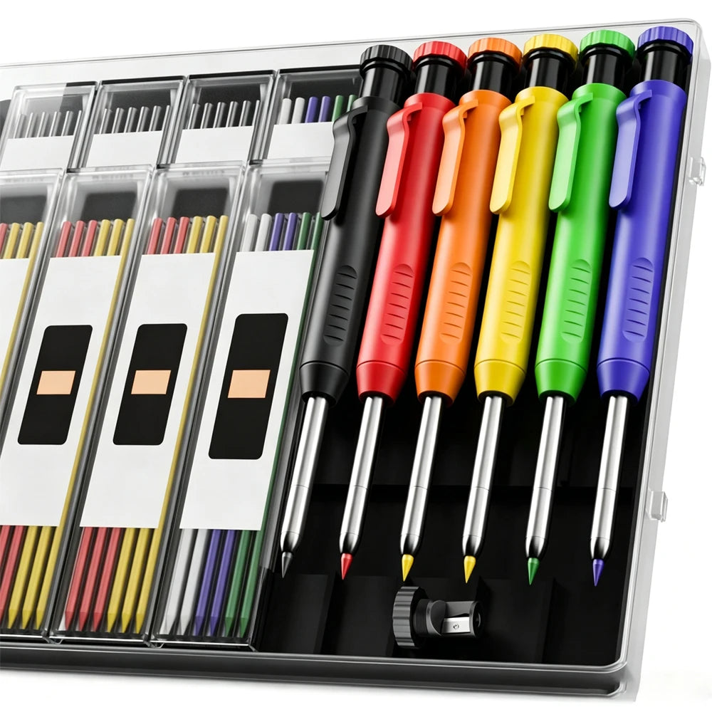 Deep Hole Carpenter Pencil with Built-in Sharpener & Refills