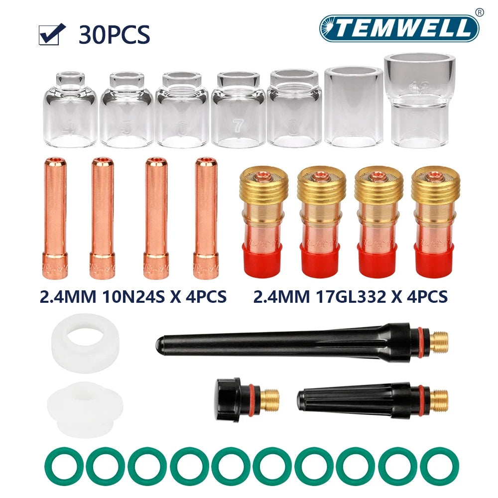 30 Pcs TIG Welding Torch Accessories, 2.4mm Stubby Gas Lens Pyrex Cup Kit