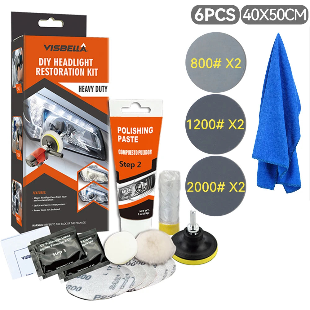 Car Headlight Restoration Kit with Polishing Paste, Sanding & Wax