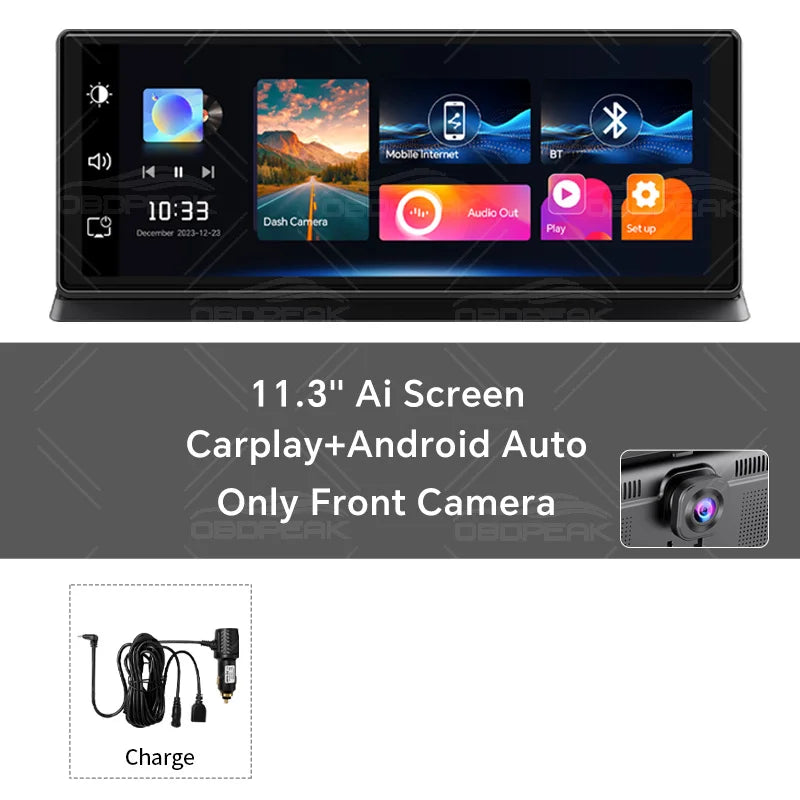 11.3" 4K Dash Cam Screen with Wireless CarPlay & Android Auto, Dual Lens