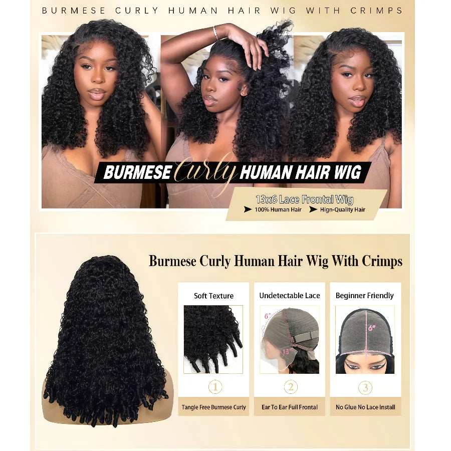 Burmese Curly Human Hair Wig, 13x4 Transparent Lace Front, Pre-Plucked
