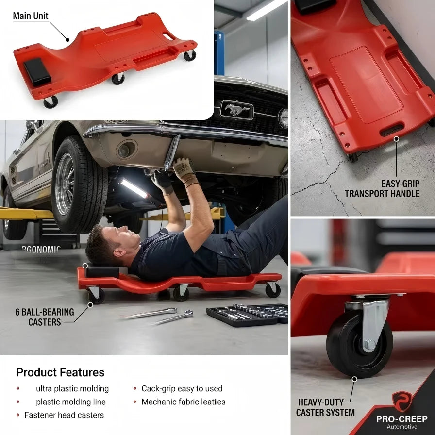 40'' 6-Wheel Heavy Duty Mechanic Creeper, Ergonomic Molded Rolling Board with Tool Groove for Under Car Maintenance
