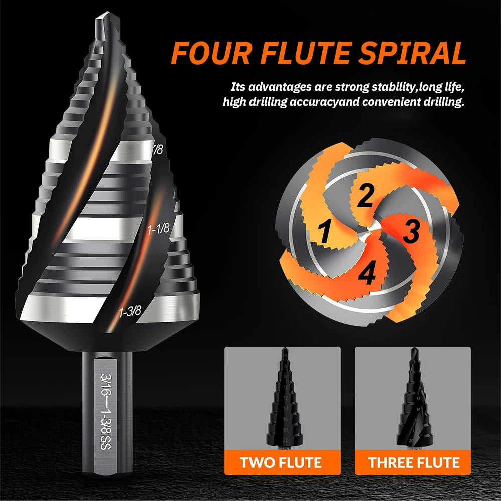 HSS Spiral Step Drill Bit Set Hex Shank Multiple Hole Sizes High Hardness Drill for Metal Sheet Plastic Hole Expanding