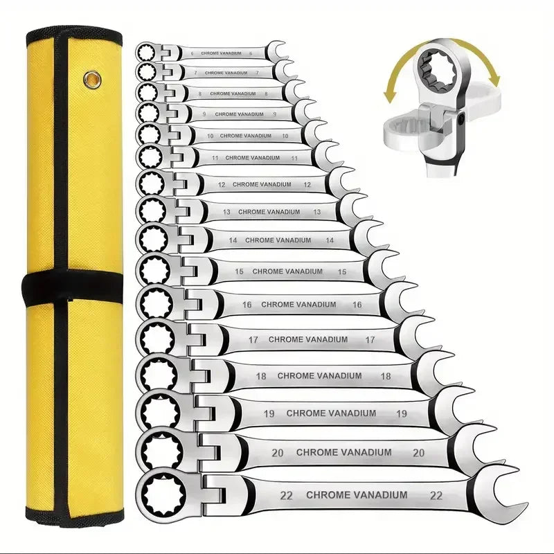 Ratcheting Combination Wrench Set, 6-22mm Metric Flex Head Ratcheting Wrench, Chrome Vanadium Steel Spanner with Bag