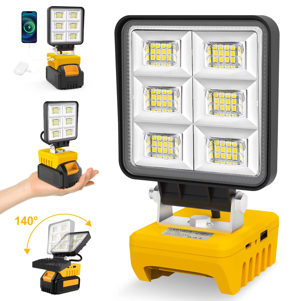 5200LM Portable 48W LED Work Light Cordless Work Light Adjustable Base Rechargeable LED Flood Light Compatible With DeWalt