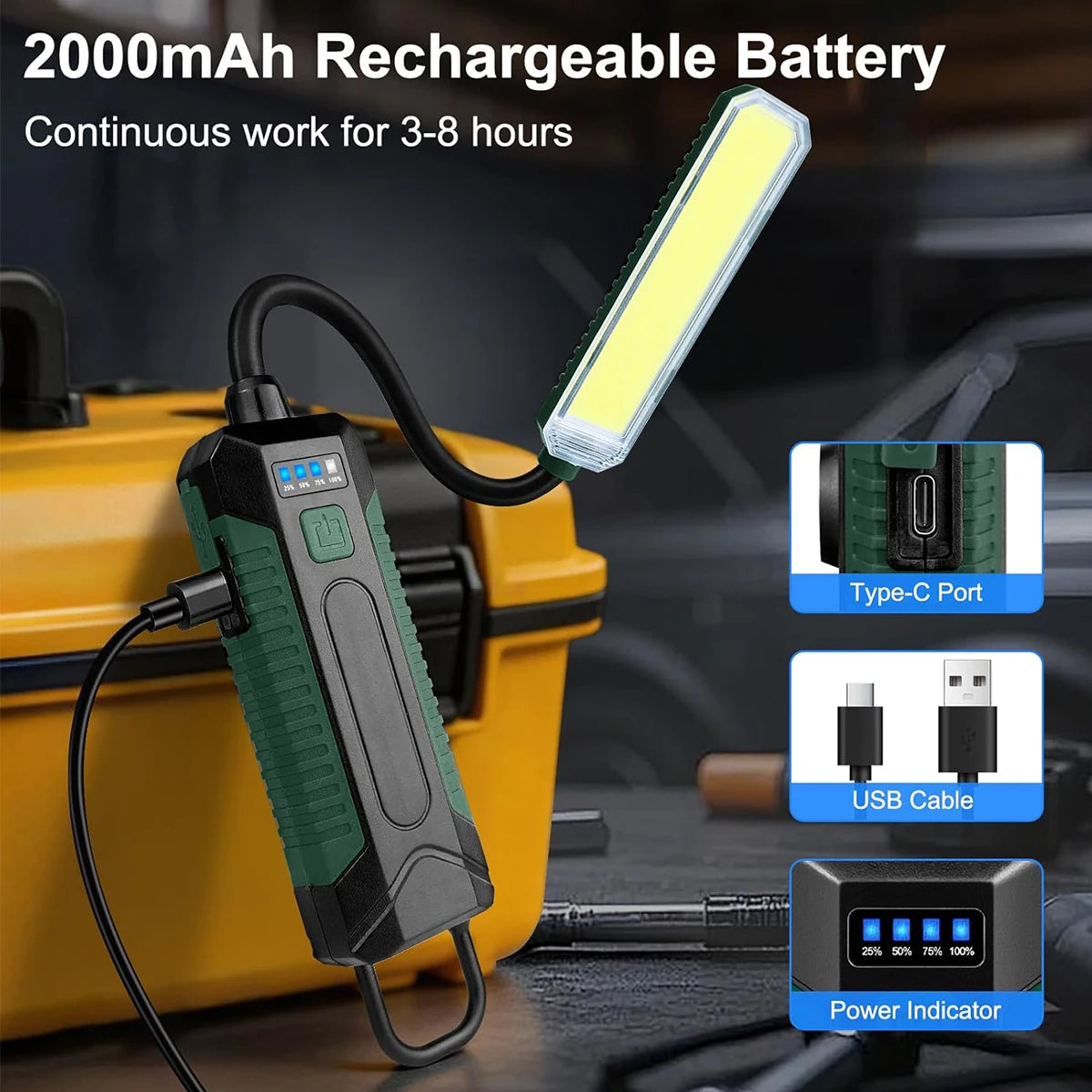 Rechargeable Magnetic Portable LED Work Light with 360° Flexible Gooseneck Design Hook Work Flashlight for Repair Emergency