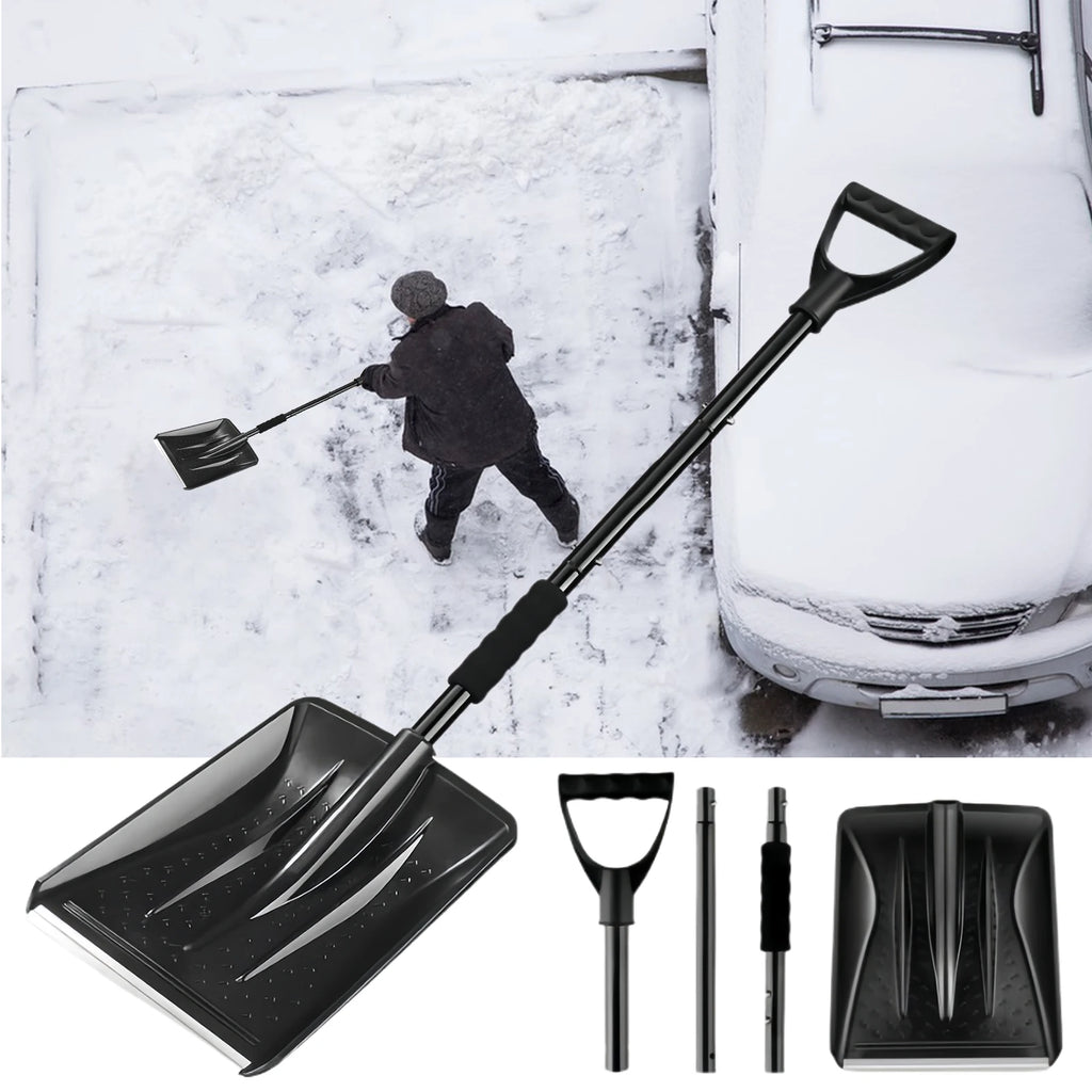 Snow Shovel with Adjustable Length D-Grip Handle Driveway Scoop Shovel for Car Snow Removal Portable for Home Garage Garden Camp