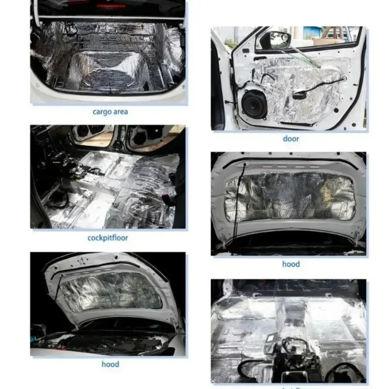 Car noise deadening mat, closed cell foam hood and panel insulation sheet