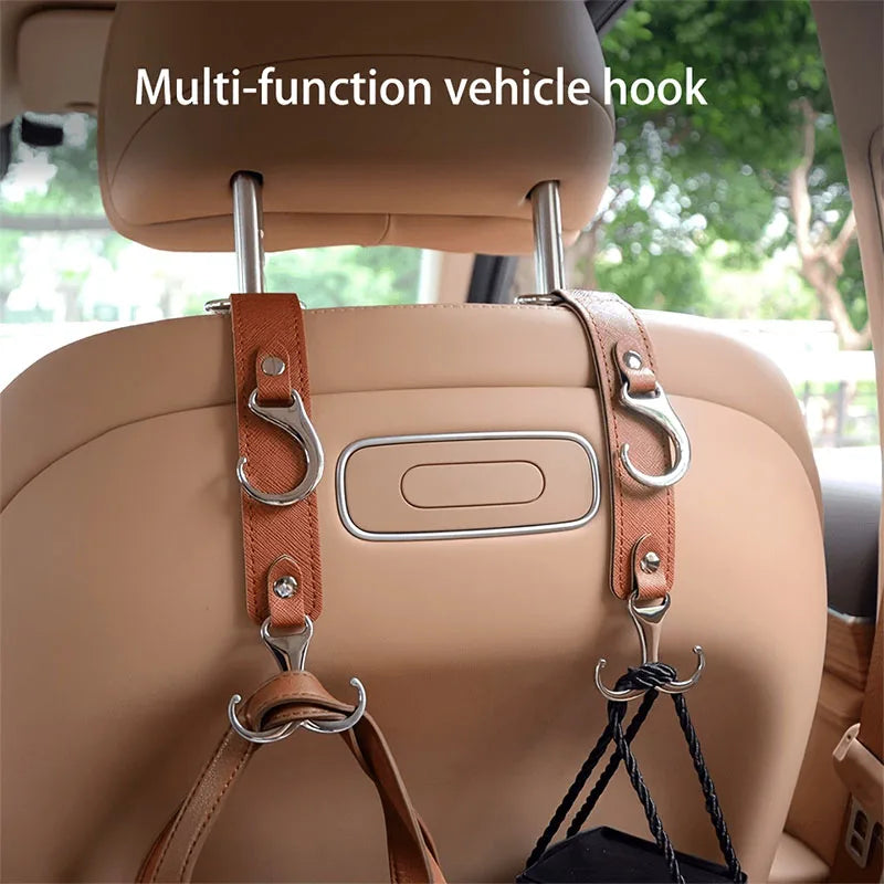 1Pc Premium Car Seat Back Hooks - Dual-Function PU Leather & Metal Design Strong Load-Bearing Fits All Cars Easy Install
