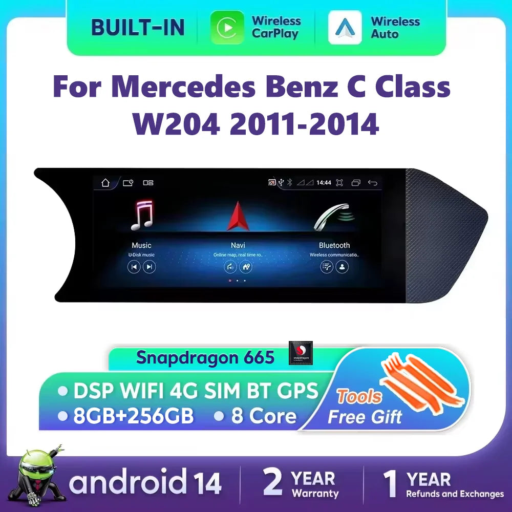 Wireless CarPlay Android 14 Stereo Mercedes C-Class W204 2011-2014