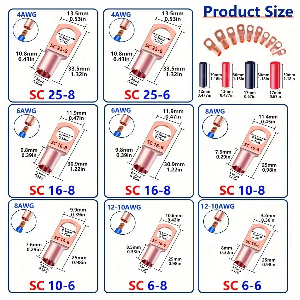 140/220pcs Battery Lug Ring Terminal Kit for Power Cable Ends