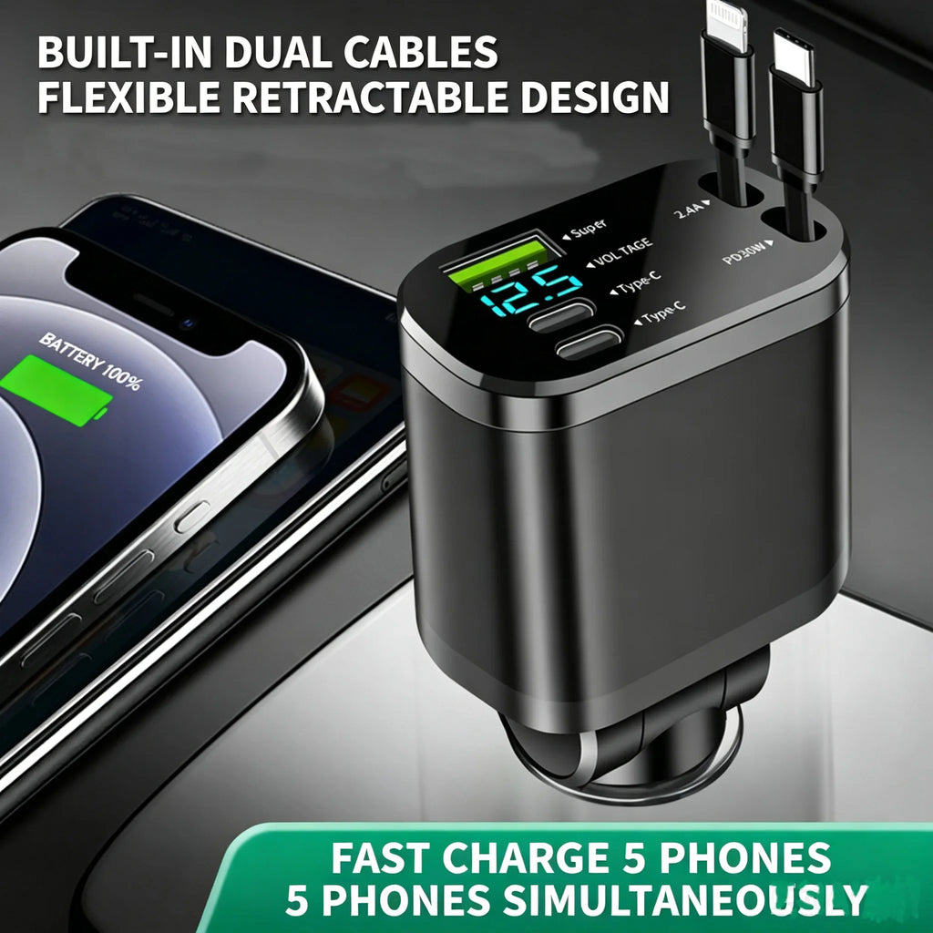 Car Charger with Digital Display and Retractable USB-C Cable