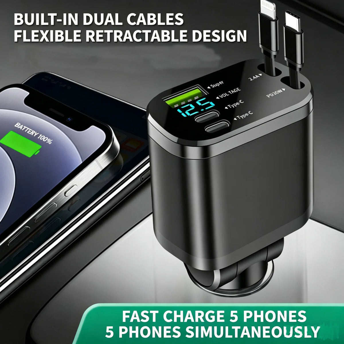 Car Charger with Digital Display and Retractable USB-C Cable