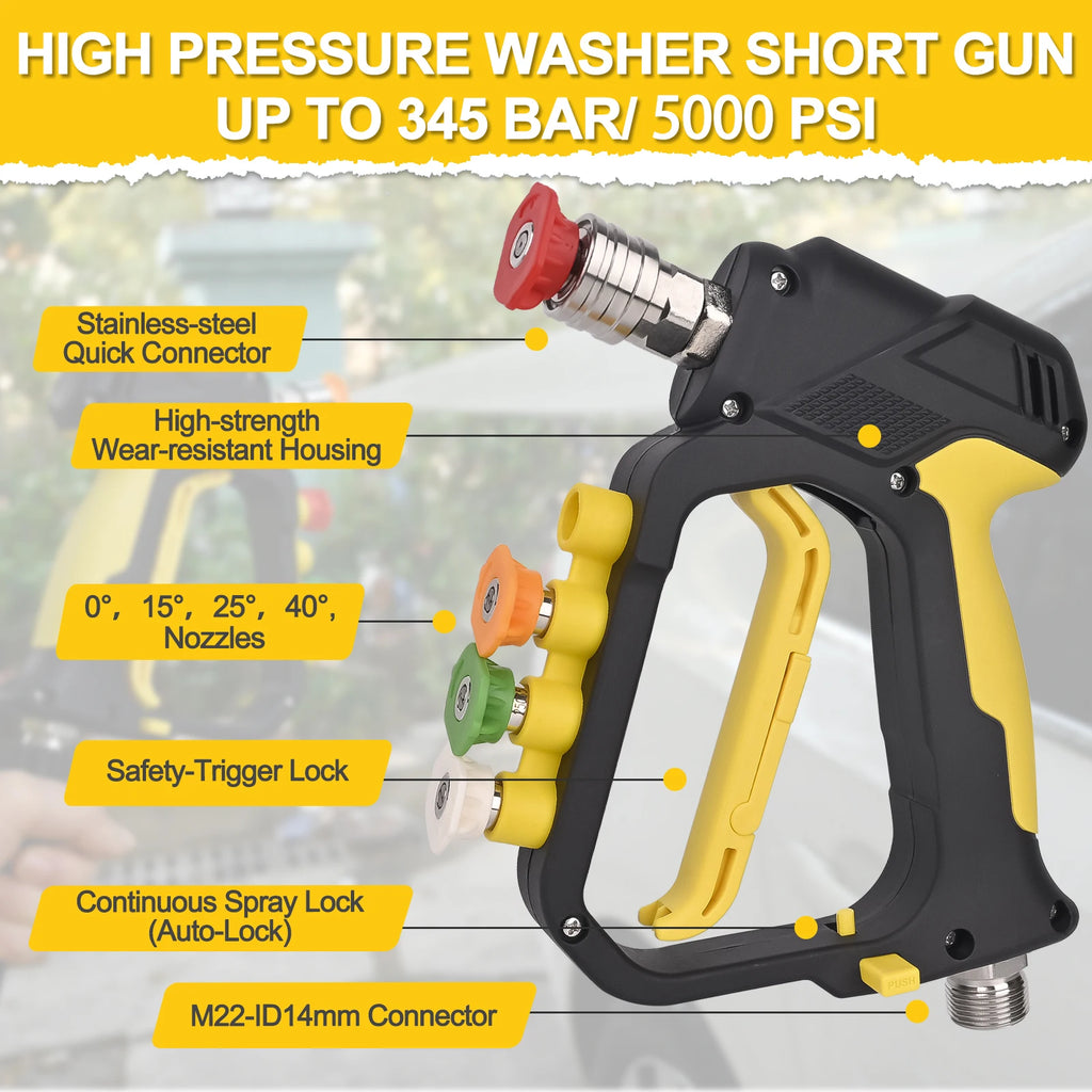 Short High Pressure Washer Spray Gun, Max 5000 PSI, M22-14mm Inlet, 1/4-Inch Quick Connector, Nozzle Holder