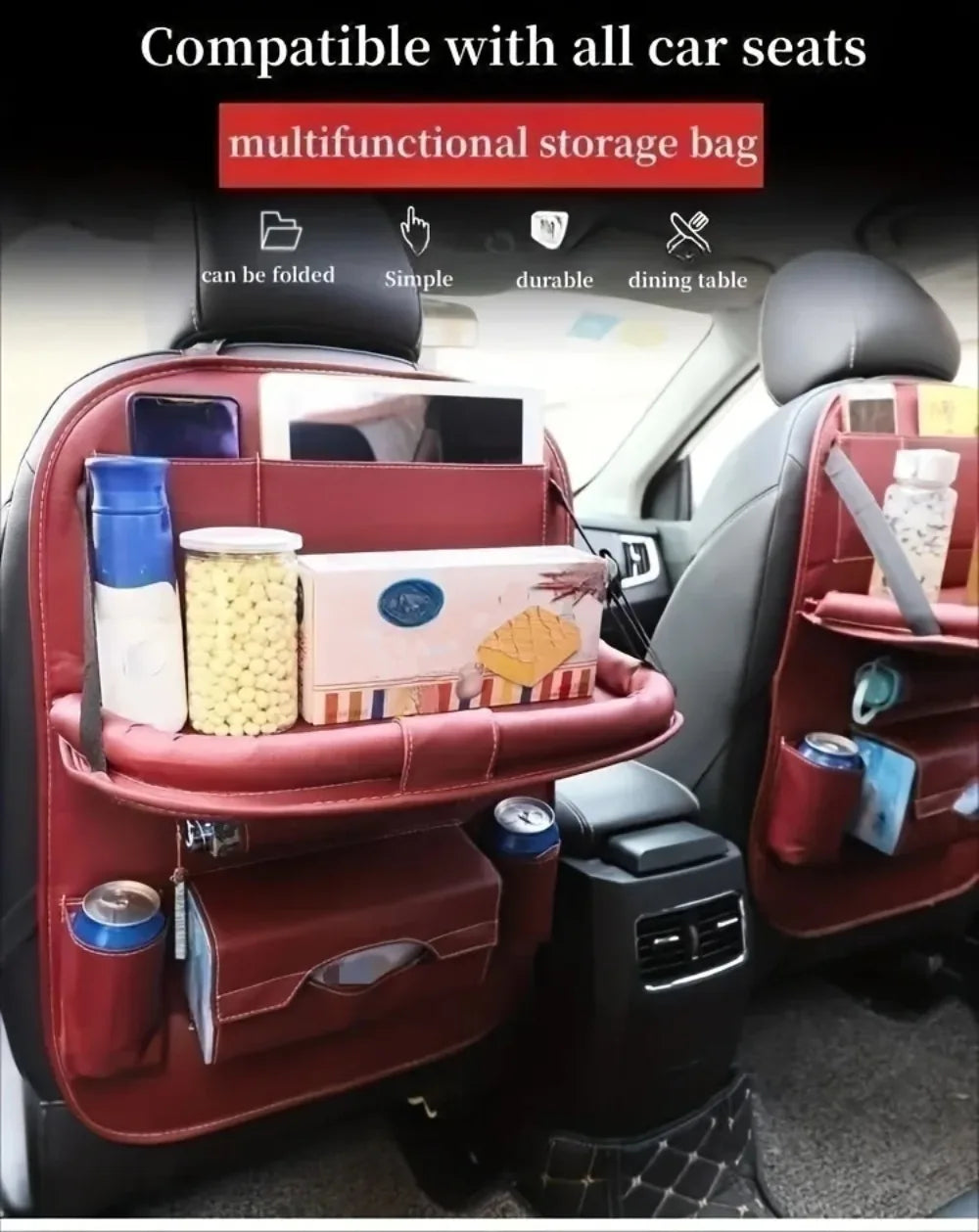 PU Leather Car Seat Back Organizer with Foldable Tray
