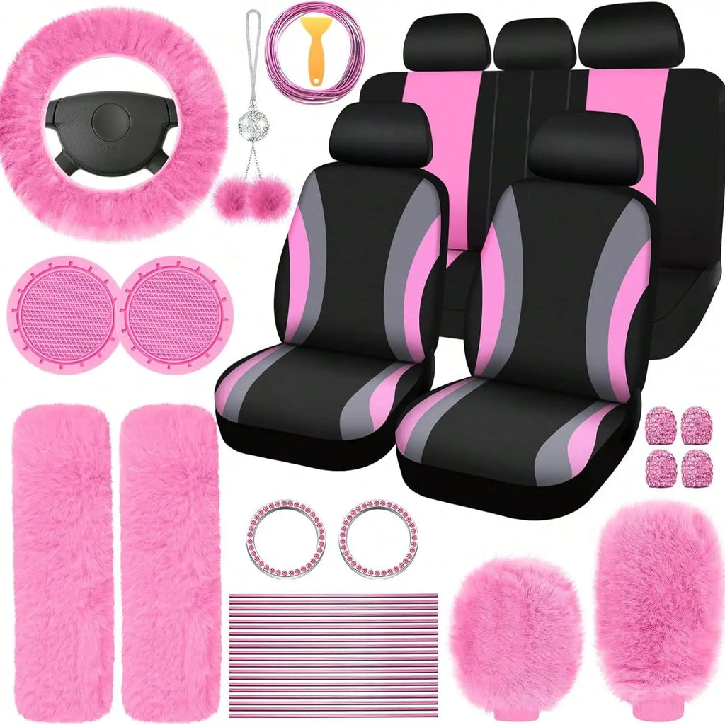 35-Piece Luxury Car Seat Cover Set - Soft Fluffy Steering Wheel Cover, Universal Safety Belt Protectors, Gear Shift Cover, Fashionable Interior Accessories For Women - Premium Polyester Fiber, Easy To Install, Stylish, And Pr