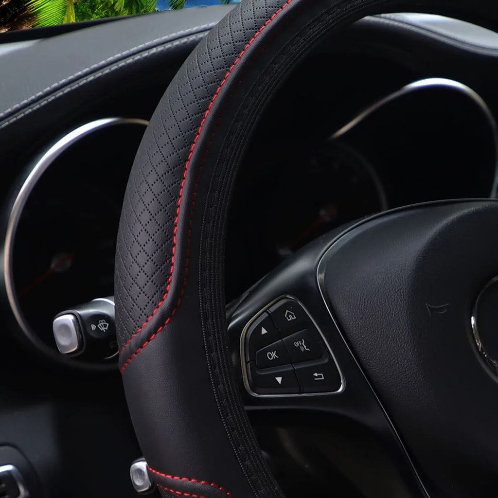 Embossed PU Leather Steering Wheel Cover, 14.5-15 Inch
